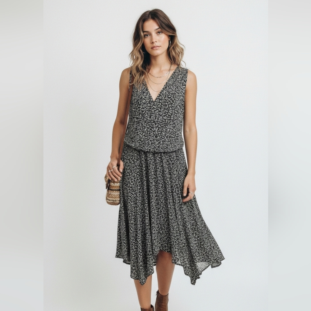 Ronni Nicole Dress Sleeveless Black White Casual Retro Midi 14